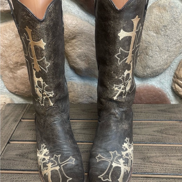 CIRCLE G Brown Leather CROSS Snip Toe COWGIRL Boots 8.5M - Picture 4 of 11